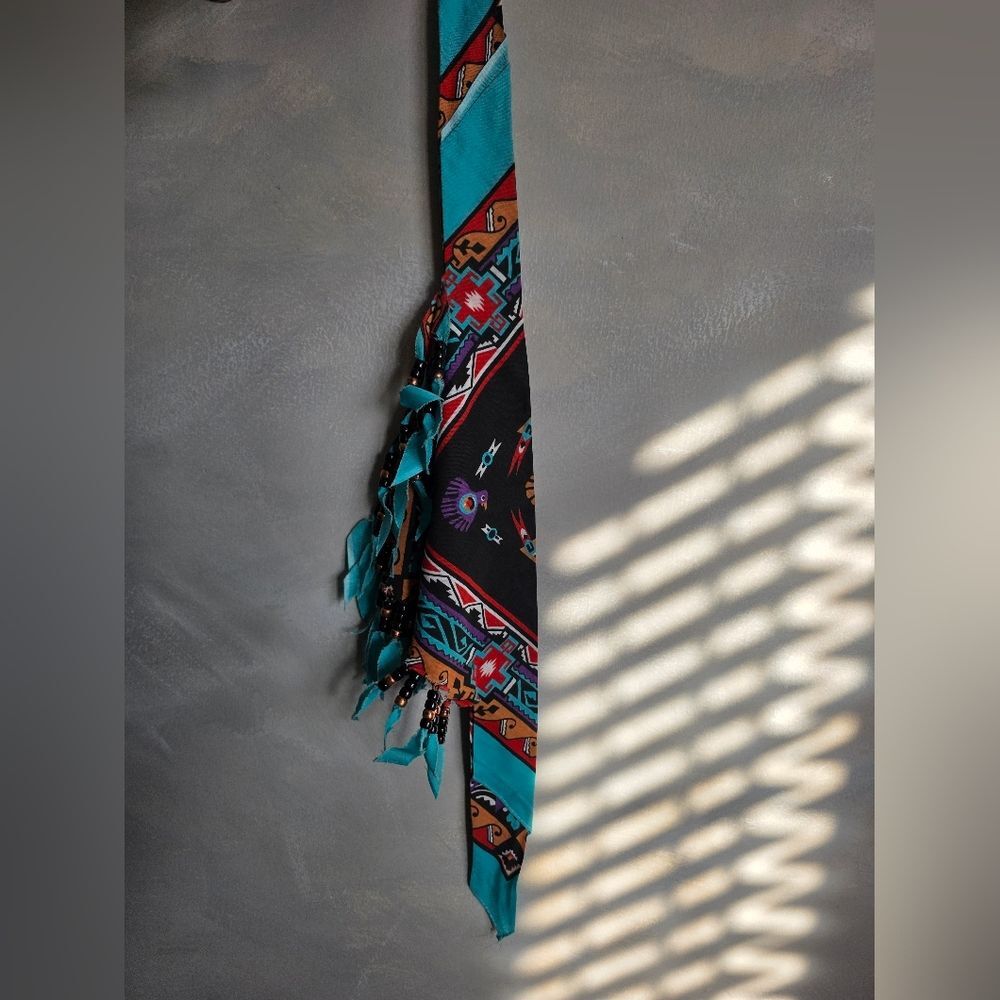 Vintage Handmade Beaded Bandana Southwest Print Fringed Neck Scarf Festival - Picture 6 of 9